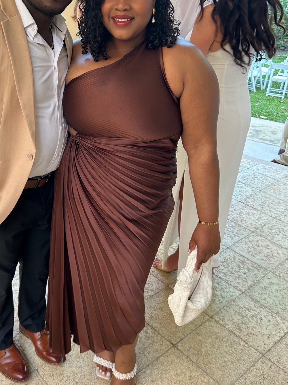 Fashion Nova One-Shoulder Pleated Brown Midi Dress